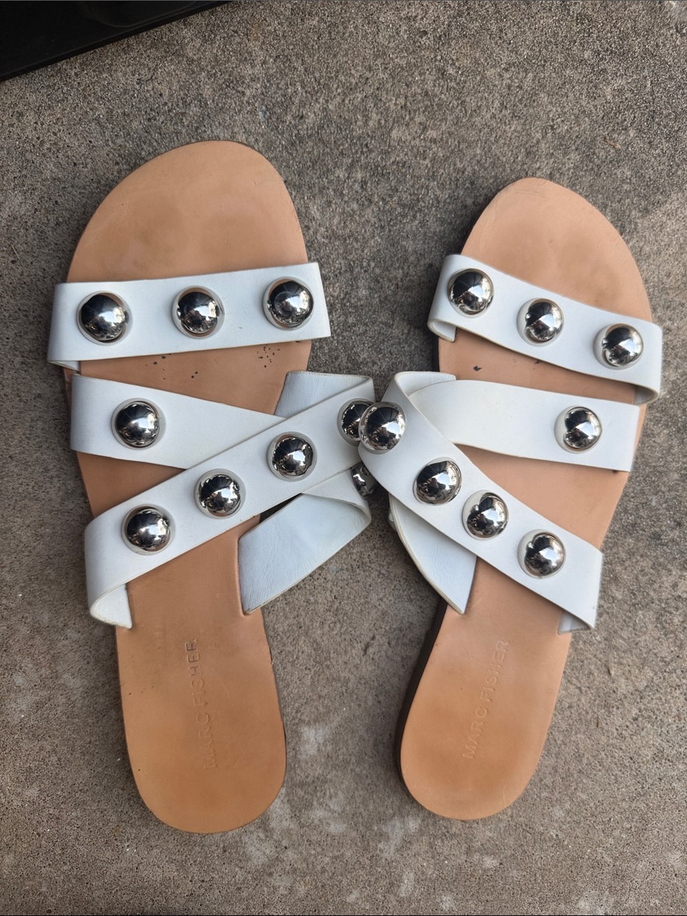 Marc Fisher White Leather Studded Slide Sandals